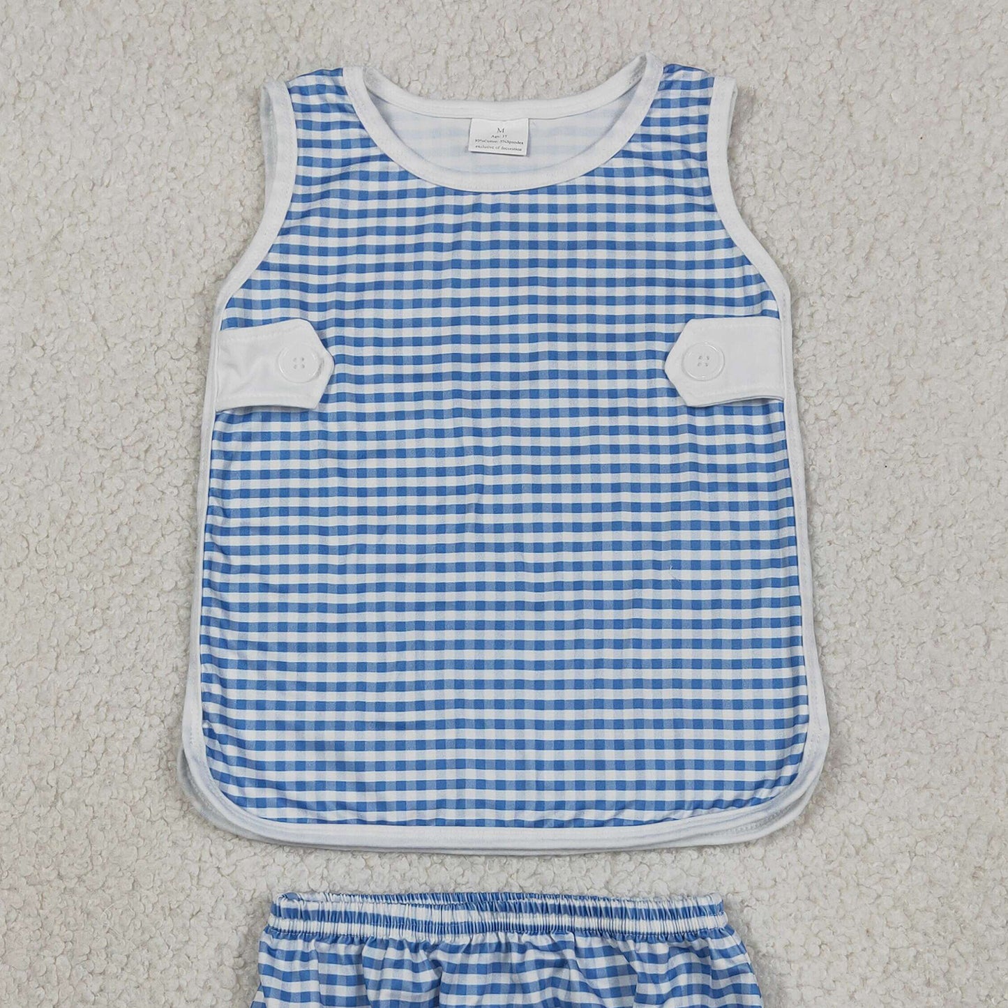 RTS NO MOQ GBO0531 Baby Kids Cute Blue Checked Top Bummies Daily Set
