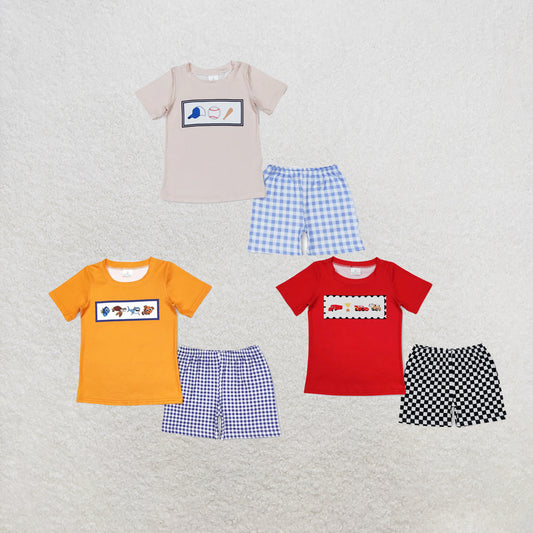 RTS NO MOQ Sibling Baby Boys Racing Cars Shirts Checkered Shorts Clothes Sets