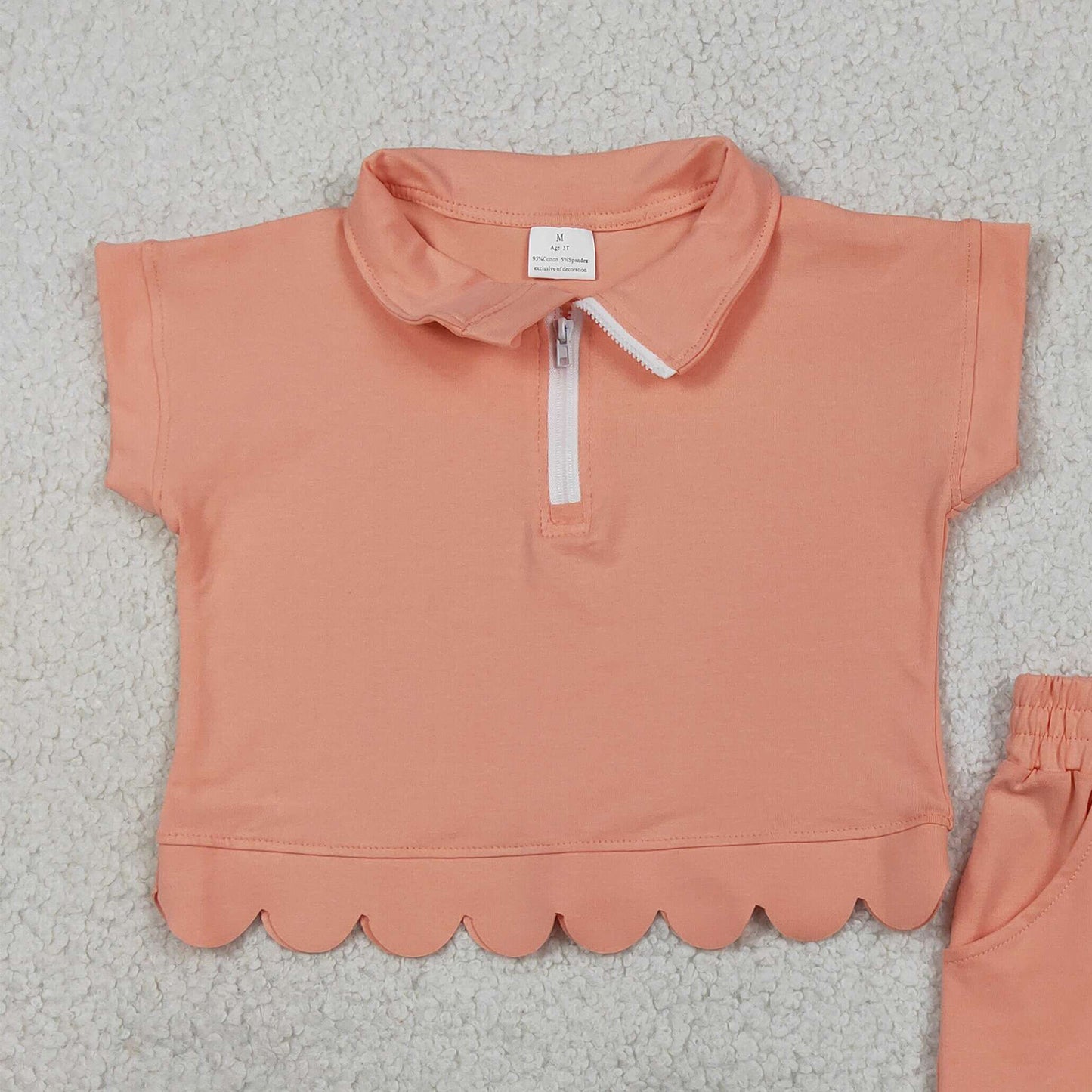 RTS NO MOQ cotton GSSO3374 Baby Girls Peach Pocket Zipper Pullover Scallop Two Piece Set