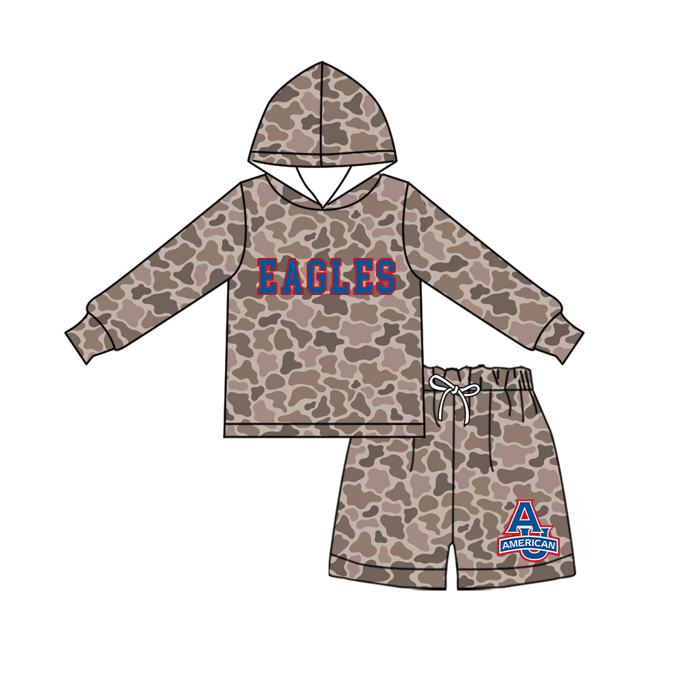 custom moq 5 mix size XY073003 Baby Kids Camo Long Sleeve Hooded Top Camo Shorts Team Outfit Set