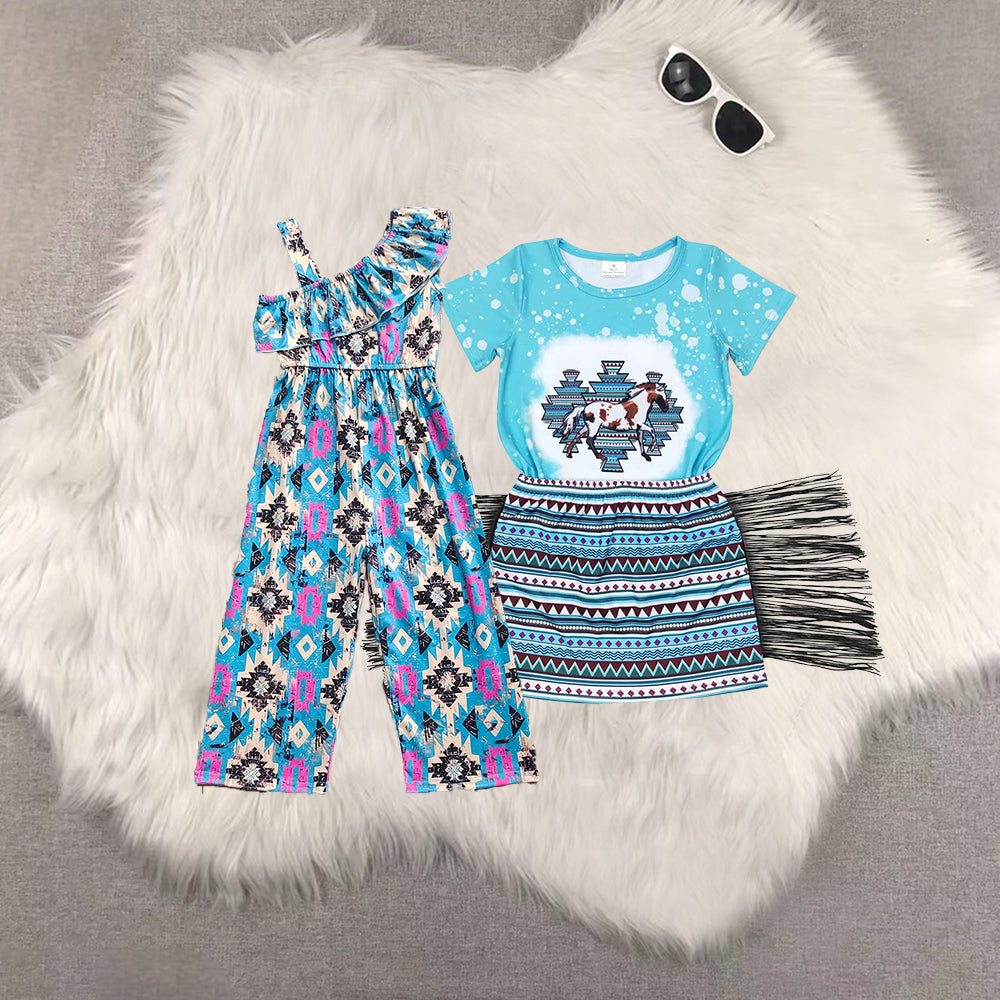 RTS NO MOQ Sibling baby Girls geometric short sleeve dress and jumpsuit Clothes