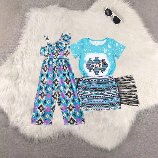 RTS NO MOQ Sibling baby Girls geometric short sleeve dress and jumpsuit Clothes