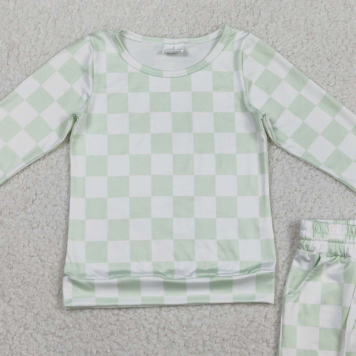 RTS NO MOQ GLS0086 Baby Girls Light Green Checked Long Sleeve Top with Pockets Shorts Outfit Set
