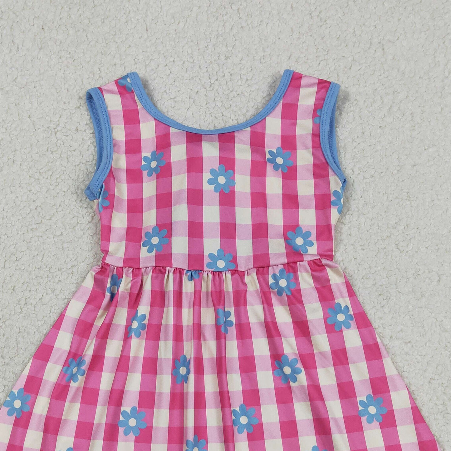 RTS NO MOQ milk silk GSD4007 Baby Girls Sleeveless Pink Checked Flowers Back Bow Knee Length Dresses