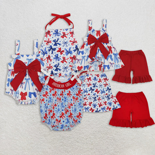 RTS NO MOQ Girls clothes floral 4th of july bow short sleeve Clothes Sets romper