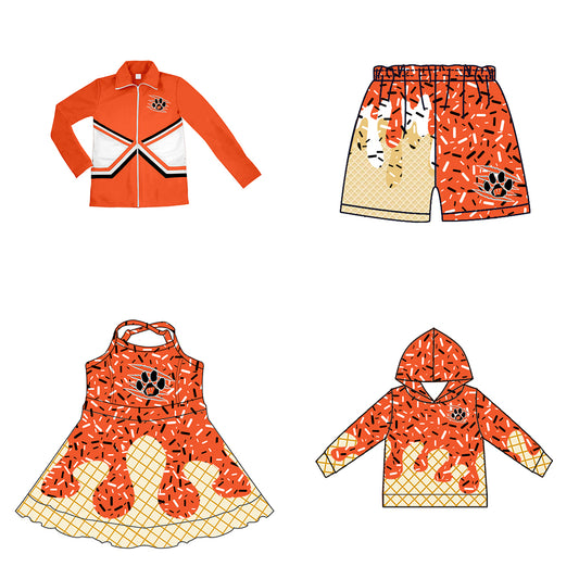 Custom moq 5 mix size milk silk baby girls clothes team bow orange hooded long sleeve tops and shorts and jacket and dress-25.7.25