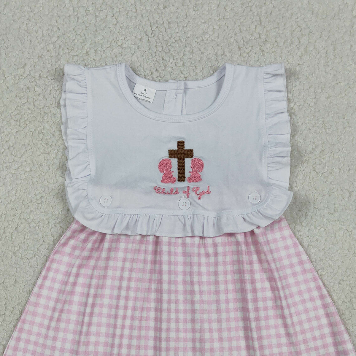 RTS NO MOQ GSD3201 Baby Girls Pink Checked Knee-Length Dress Embroidery Cross 'Child of God' Cute Dress