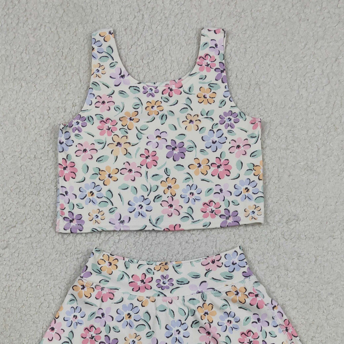 RTS NO MOQ GSD3838 Baby Girls Summer Colorful Flower Vest Yoga Skort Active Set