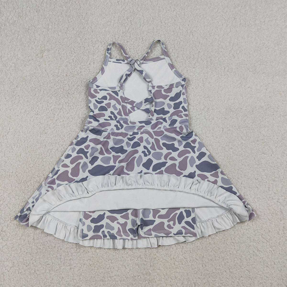 RTS NO MOQ GSD2308 Baby Girls Light Gray Camo Ruffle Knee-Length Dress with Strap Yoga Active Shorts