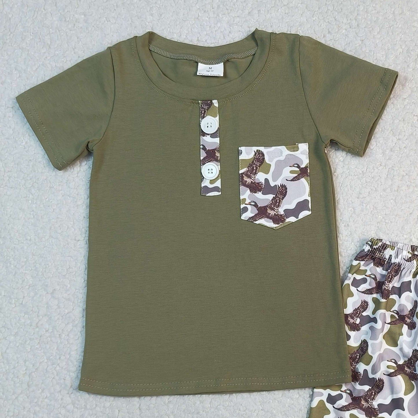RTS NO MOQ BSSO1856 Baby Boys Ducks Camo Shorts Set Olive Button Pocket Top Daily Hunting Wear