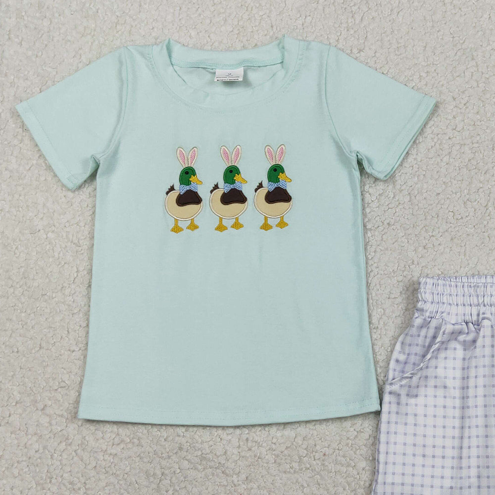 RTS NO MOQ BSSO1719 Baby Boys Checked Short Embroidery Rabbit Ducks Easter Hunting Outfit with Pockets