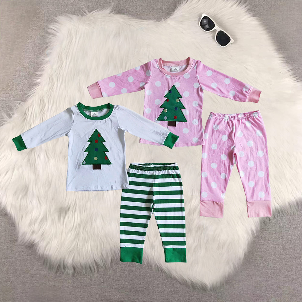 RTS NO MOQ Sibling baby girls boys clothes embroidery Christmas trees long-sleeved trousers suit