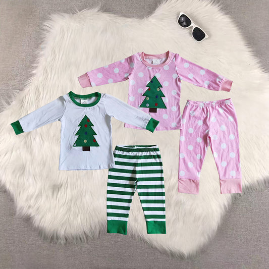 RTS NO MOQ Sibling baby girls boys clothes embroidery Christmas trees long-sleeved trousers suit