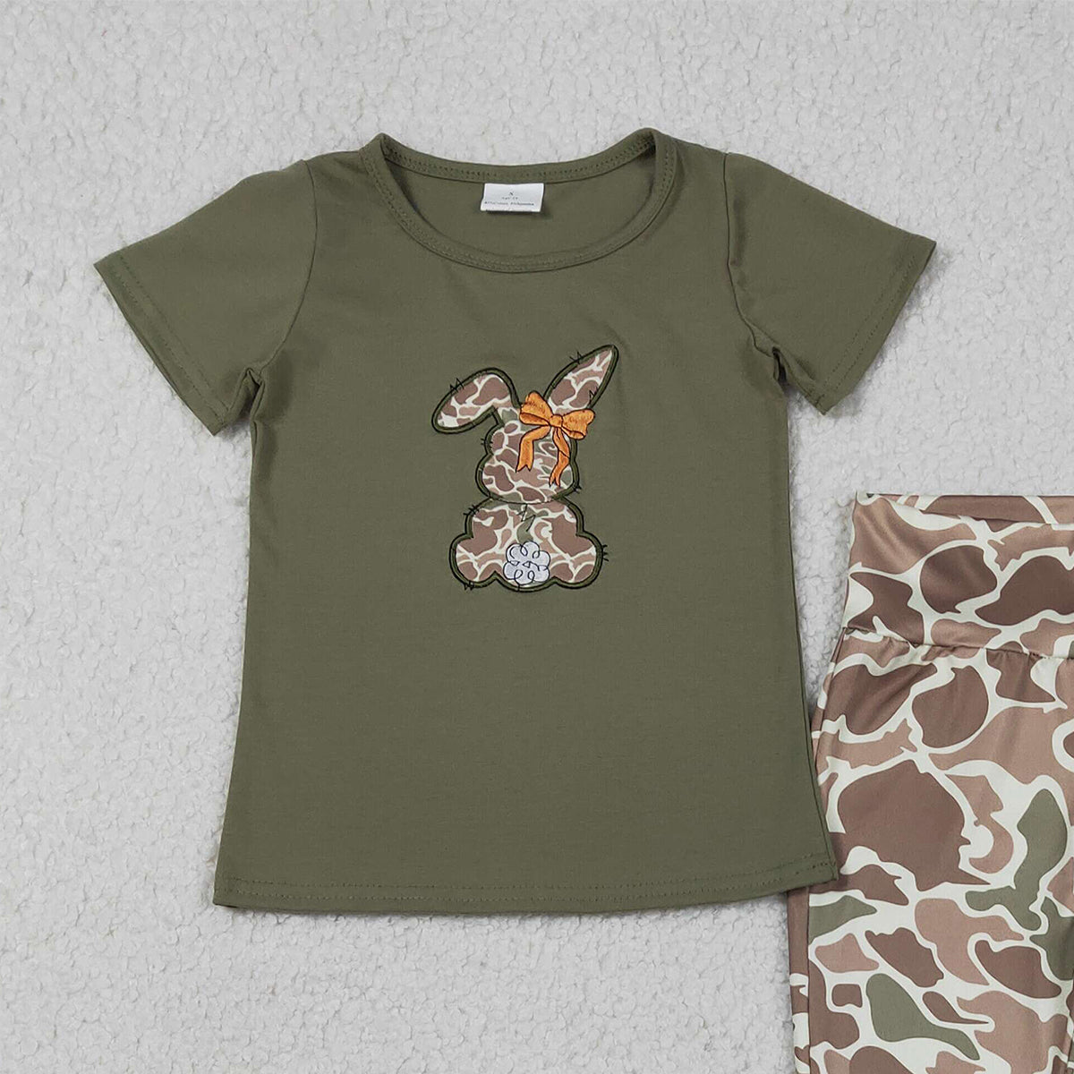 RTS NO MOQ GSPO2110 Baby Girls Easter Outfit Set Embroidery Camo Rabbit Print Shirt Top with Bell Bottom Pants