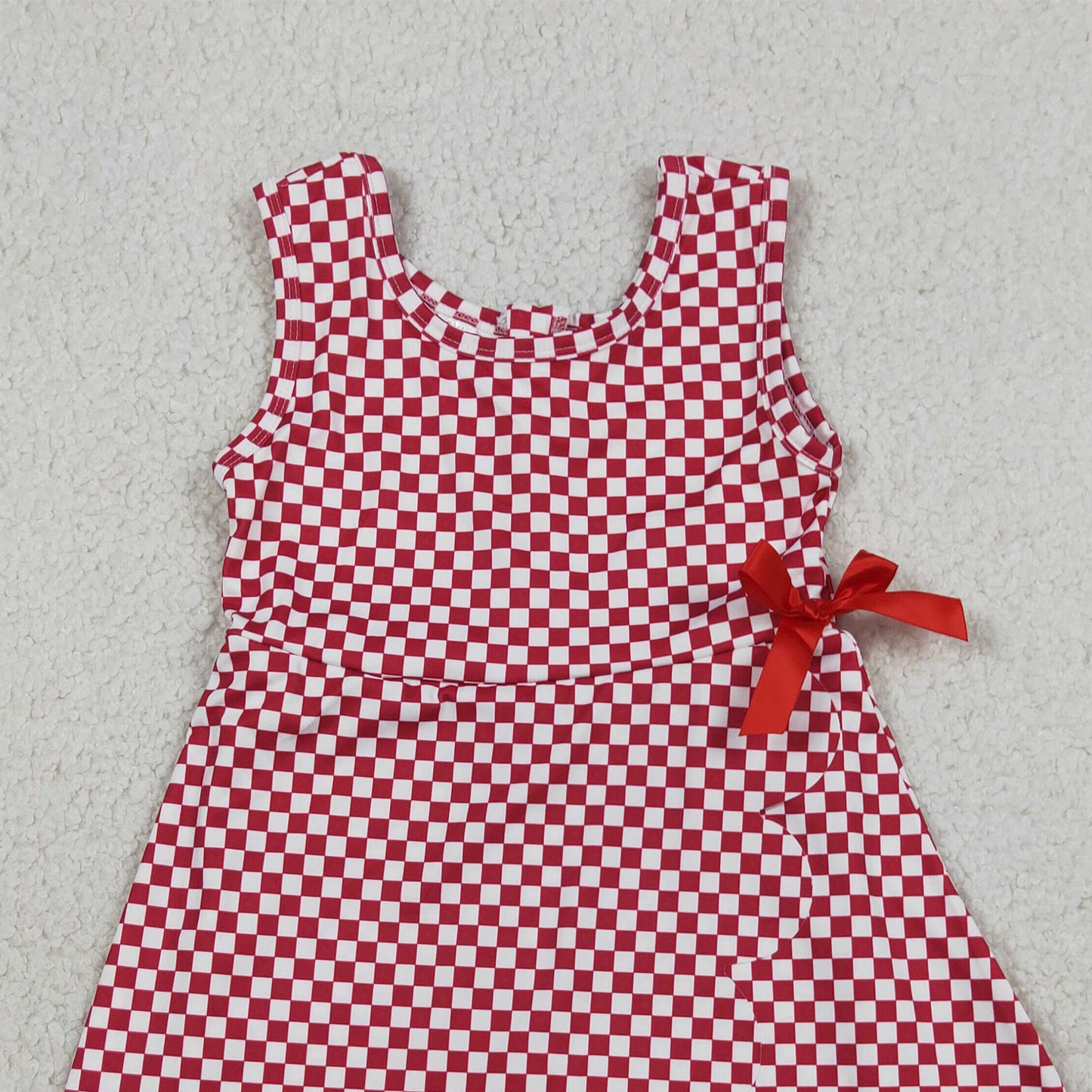 RTS NO MOQ yoga fabric GSD3669 Baby Girls Red Checked Scallop Knee Length Dress With Shorts Yoga Active Wear