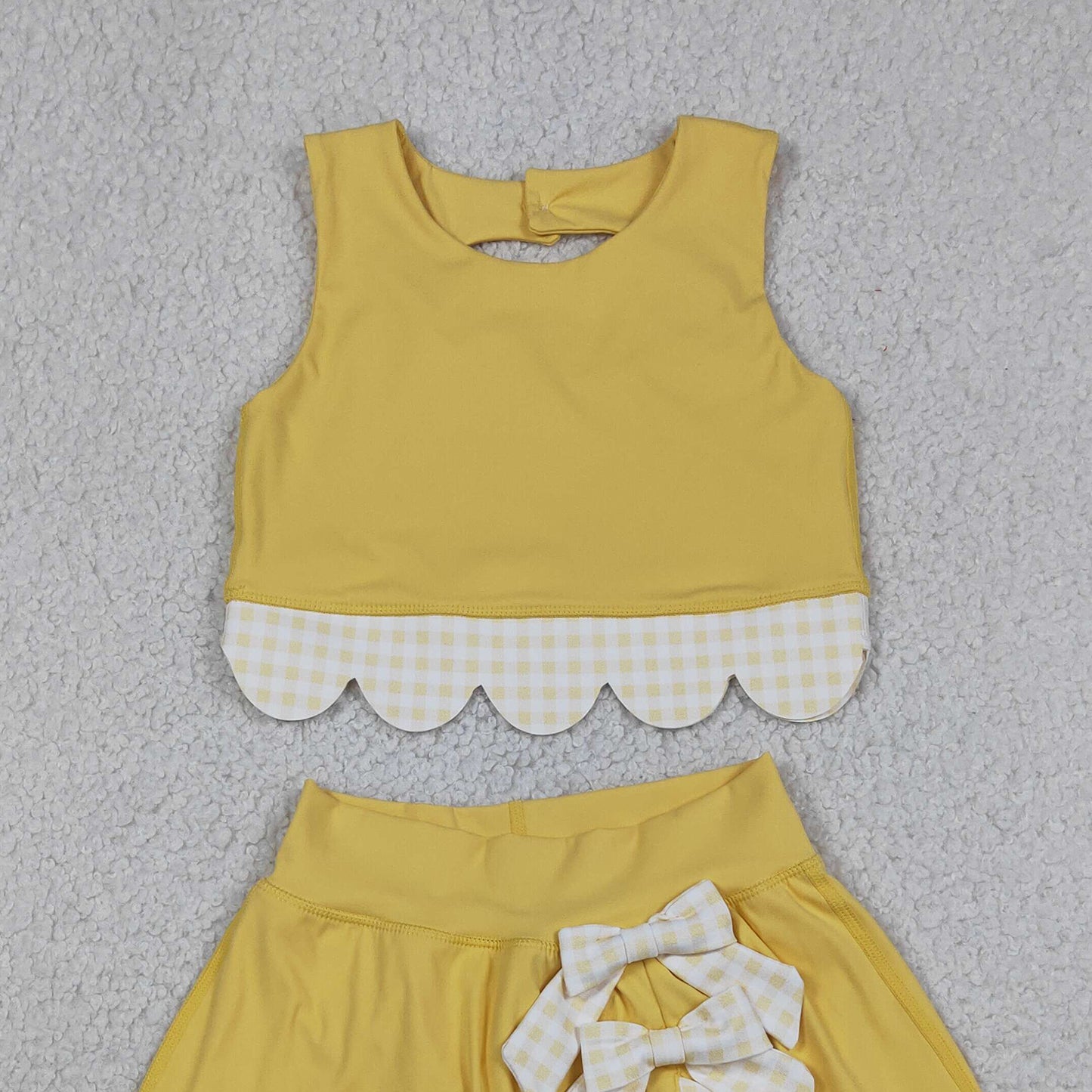 RTS NO MOQ yoga fabric GSD3324 Baby Girls Yellow Sleeveless Vest Top With Bows Skirt Shorts Yoga Clothes Set