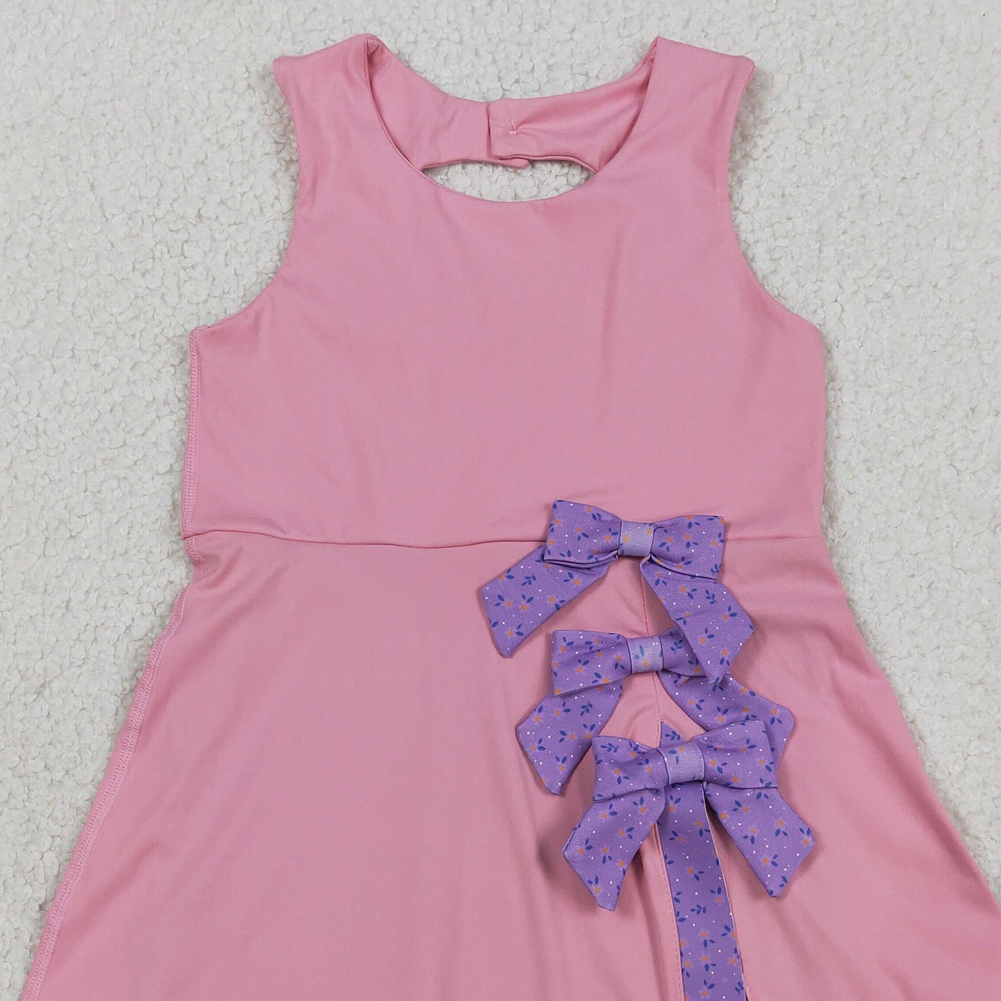 RTS NO MOQ yoga fabric GSD3028 Baby Girls Pink Purple Sleeveless Ruffle Scallop Bows Yoga Active Dresses
