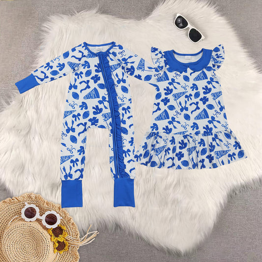 RTS NO MOQ Sibling baby girl clothes team cheer bow flying sleeve dress and romper