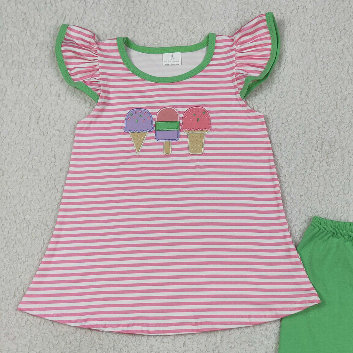 RTS NO MOQ GSSO2349 Embroidery Popsicle Baby Girls Pink Stripe Tunic Ruffle Short Set Cute Outfit for Little Girls