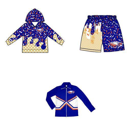 Custom moq 5 mix size milk silk baby girls clothes team bow blue hooded long sleeve tops and shorts and jacket-25.7.22