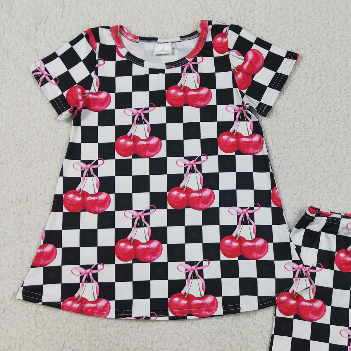 RTS NO MOQ GSSO3075 Baby Girls Casual Black White Plaid Cherry Print Tunic Top Shorts Wear