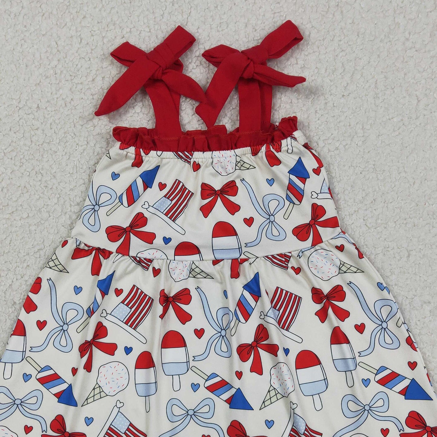 RTS NO MOQ GSD3723 Baby Girls Summer 4th of July Ruffle Popsicle Printed Strap Dress