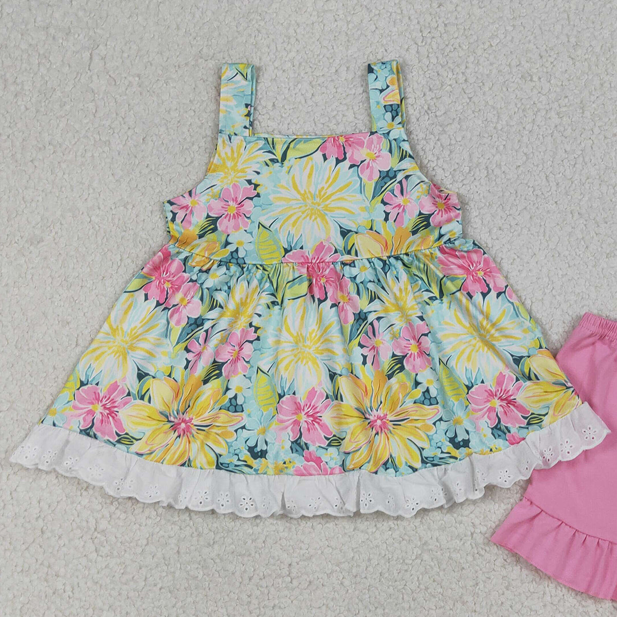 RTS NO MOQ GSSO3034 Baby Girls Colorful Flowers Strap Tunic Ruffle Shorts Outfit Set