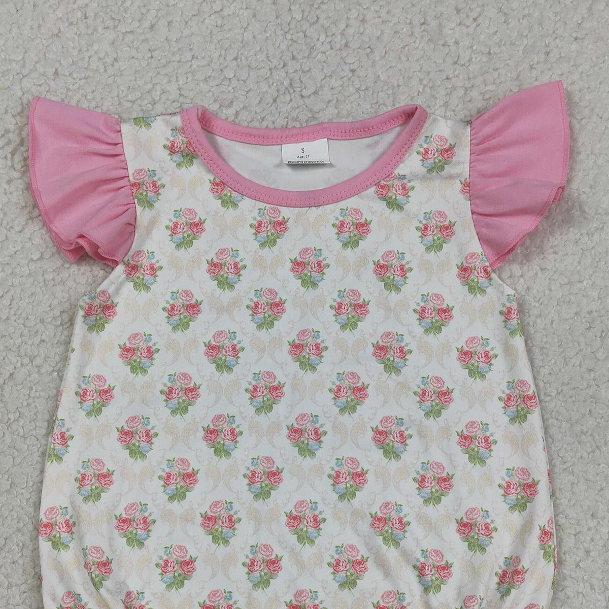 RTS NO MOQ SR3677 Baby Girls Pink Checked Rompers with Flutter Sleeve Flowers Ruffle for Infants