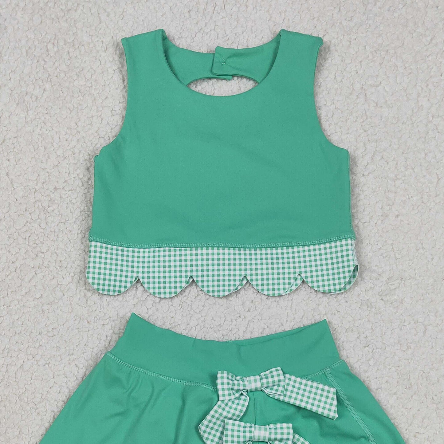 RTS NO MOQ yoga fabric GSD3320 Baby  Girls Green Vest Bows Scallop Yoga Active Two Piece Sets