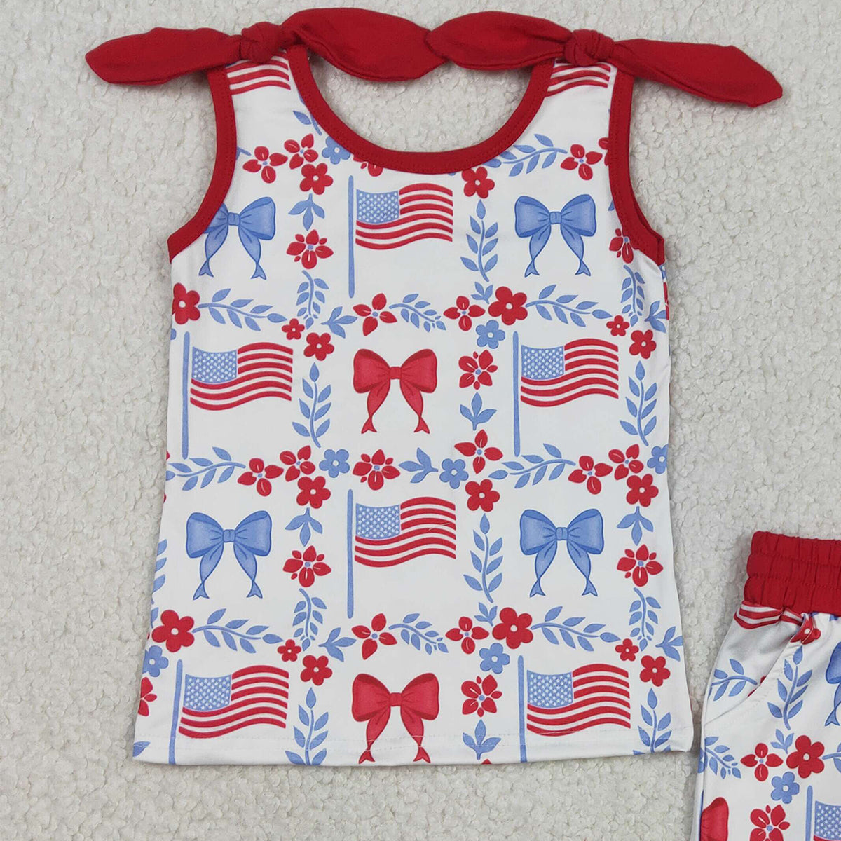 RTS NO MOQ GSSO3094 Baby Girls 4th of July Outfit Set with Red Blue Flowers Top And Short Pockets Casual Clothing
