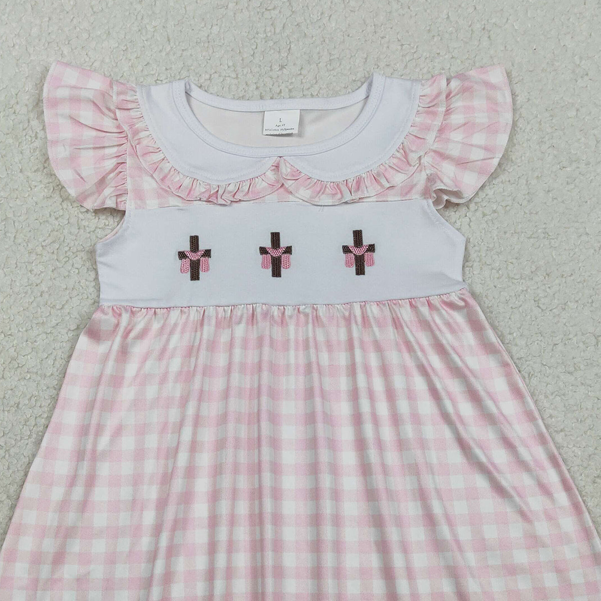 RTS NO MOQ GSD3382 Baby Girls Pink Checked Knee-Length Dress with Easter Collar Embroidery Crosses