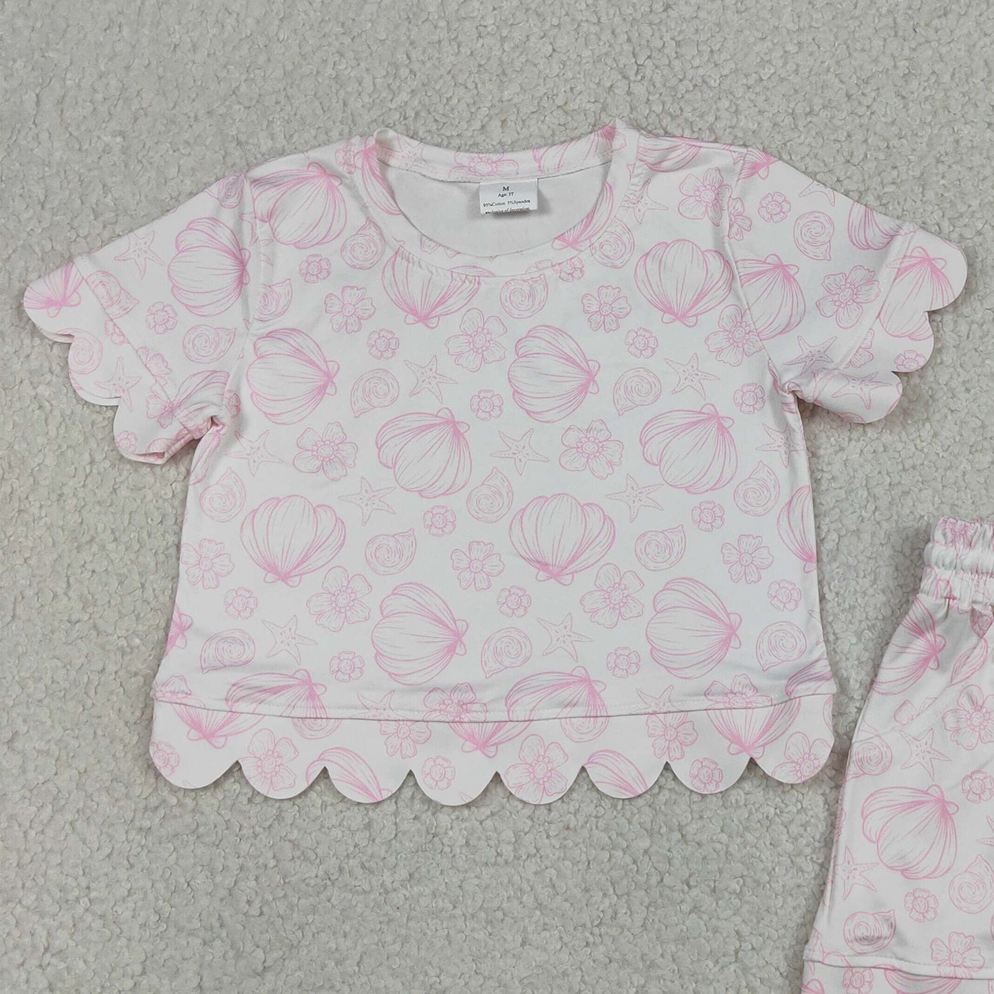 RTS NO MOQ milk silk GSSO3729 Baby Girls Shell Flower Print Top Pocket Scallop Short Set