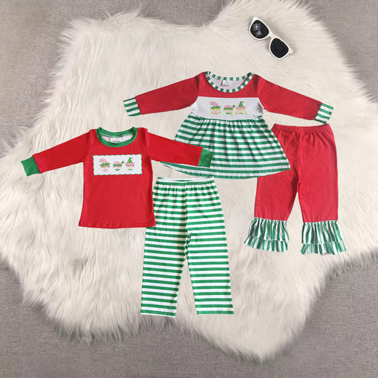RTS NO MOQ Sibling baby girls boys clothes Christmas long-sleeved trousers suit