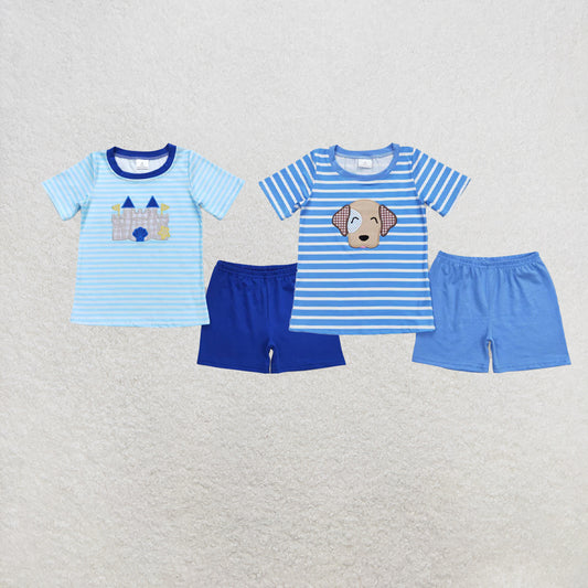 RTS NO MOQ Sibling Baby Boys Blue Stripes Dream Tee Shirts Tops Shorts Clothes Sets