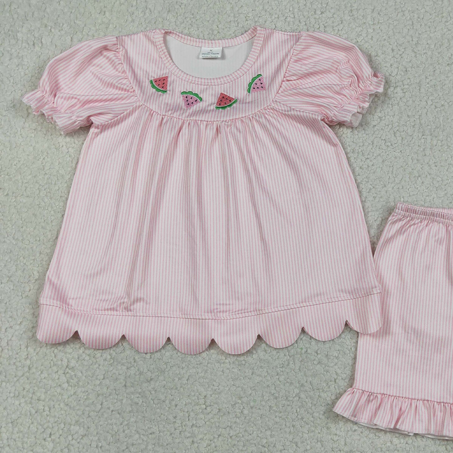 RTS NO MOQ milk silk GSSO3239 Baby Girls Embroidered Watermelon Pink Stripe Scallop Tunic Ruffle Shorts Set