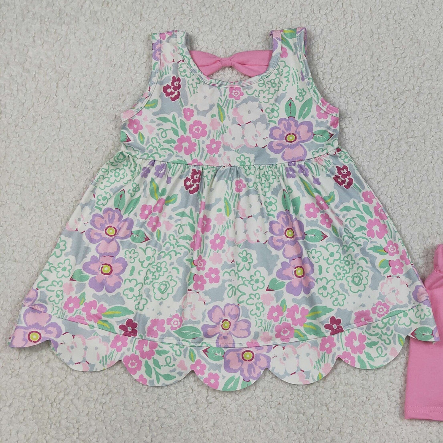 RTS NO MOQ milk silk GSSO3385 Baby Girls Sleeveless Colorful Flowers Scallop Loose Tunic Shorts Set