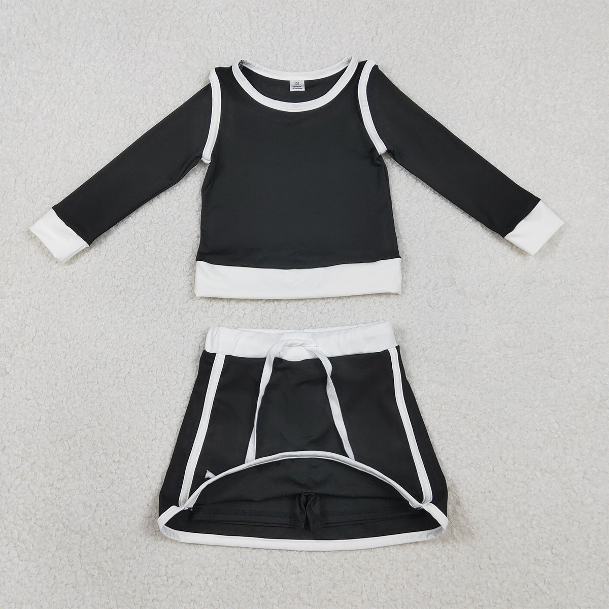 RTS NO MOQ GLD1481 Baby Girls Black Long Sleeve Top with Skirt And Shorts Yoga Active Wear Clothing Set for Kids