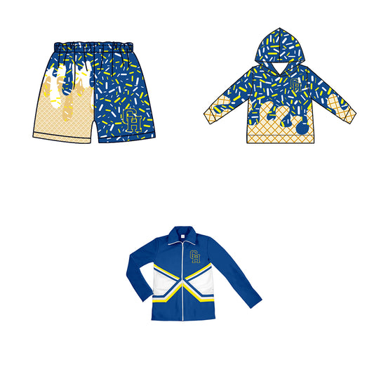 Custom moq 5 mix size milk silk baby girls clothes team bow blue hooded long sleeve tops and shorts and jacket-25.7.24
