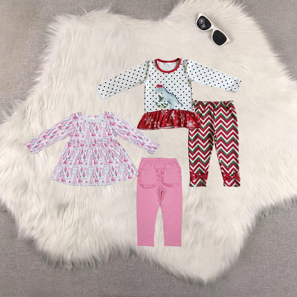RTS NO MOQ Sibling Baby Girls Christmas trees Long Sleeve Pants Set