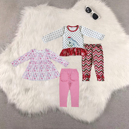RTS NO MOQ Sibling Baby Girls Christmas trees Long Sleeve Pants Set