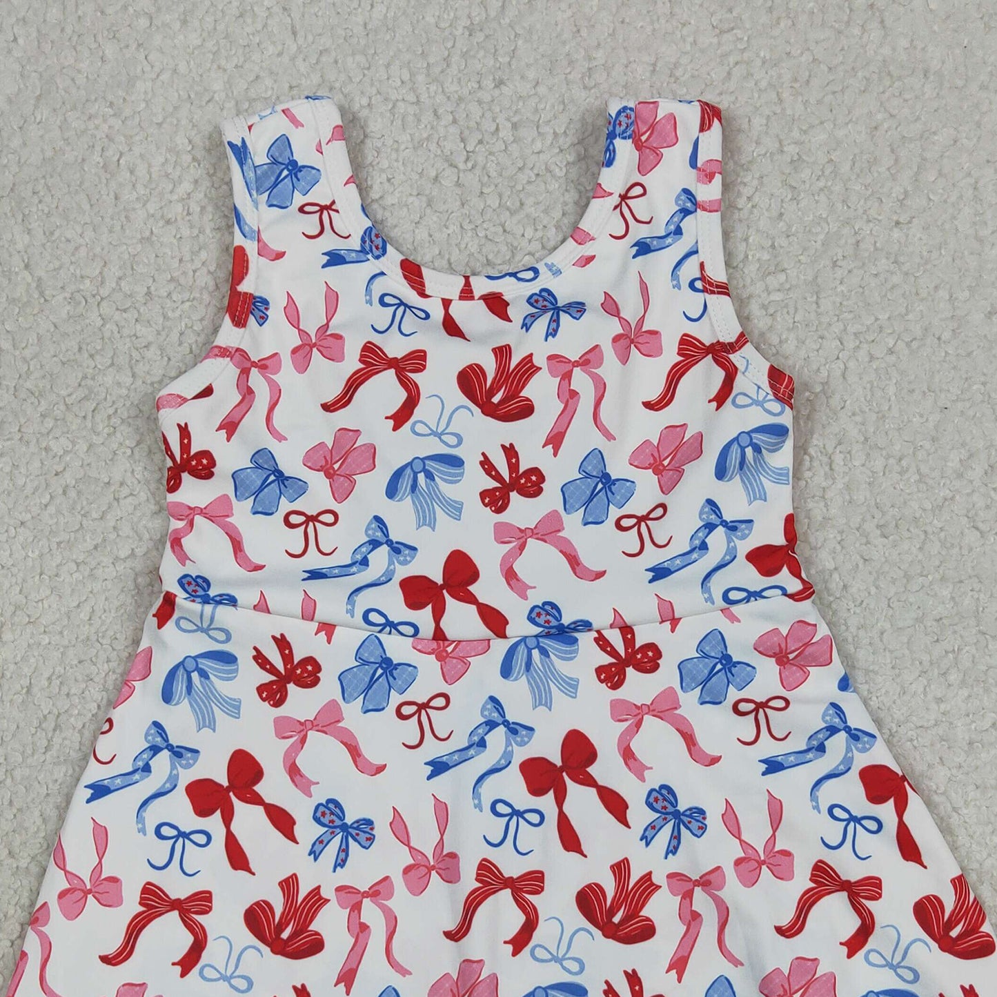 RTS NO MOQ yoga fabric GSD3809 4th Of July Bow  Baby Girls Scallop Edge Knee Length Yoga Dress
