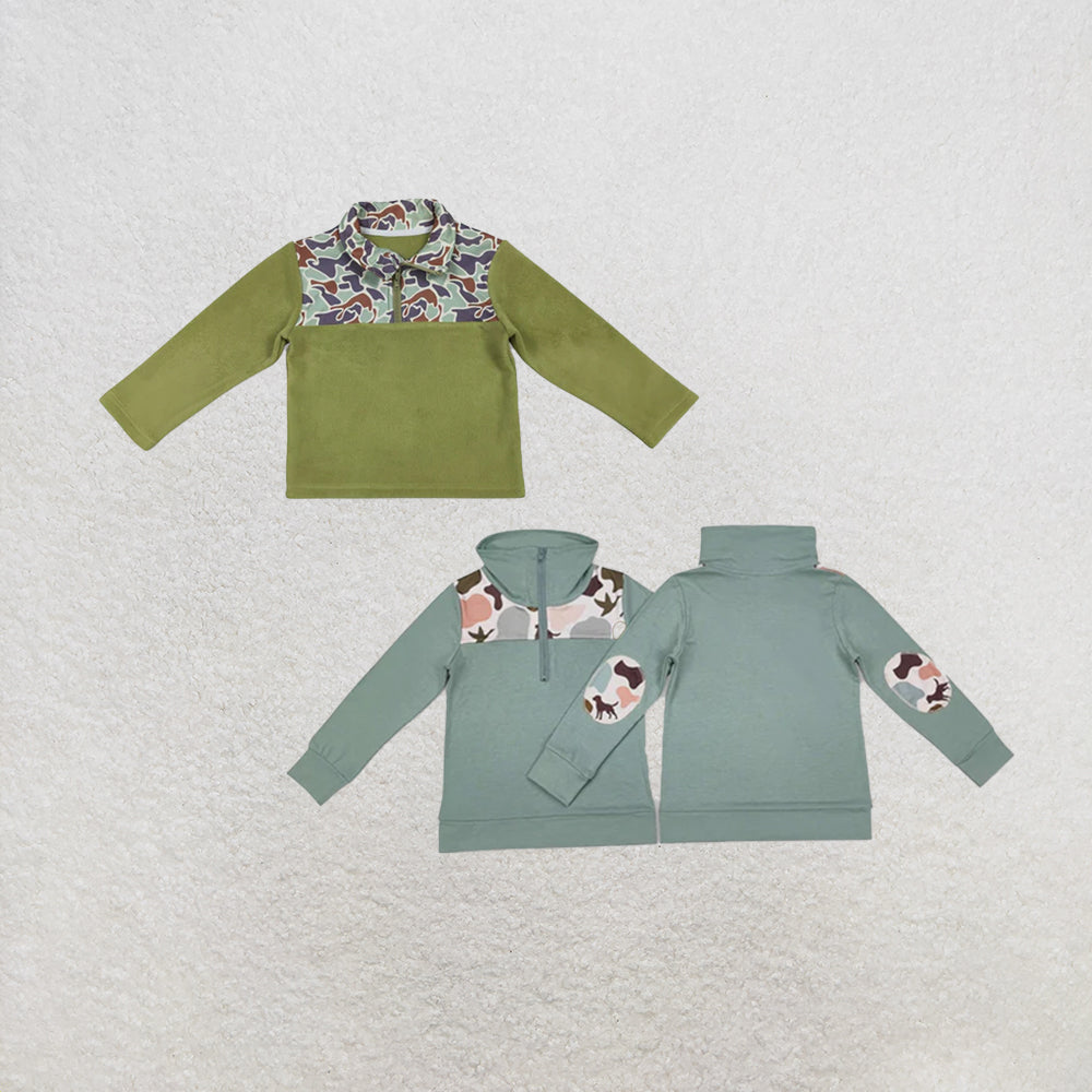 RTS NO MOQ Sibling Baby Boys Southern Green Camo Sherpa Zipper Pullover Tops