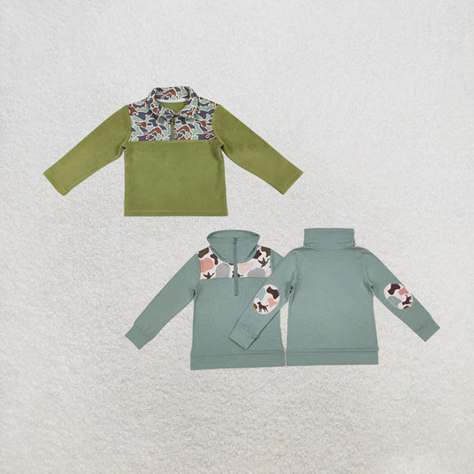 RTS NO MOQ Sibling Baby Boys Southern Green Camo Sherpa Zipper Pullover Tops