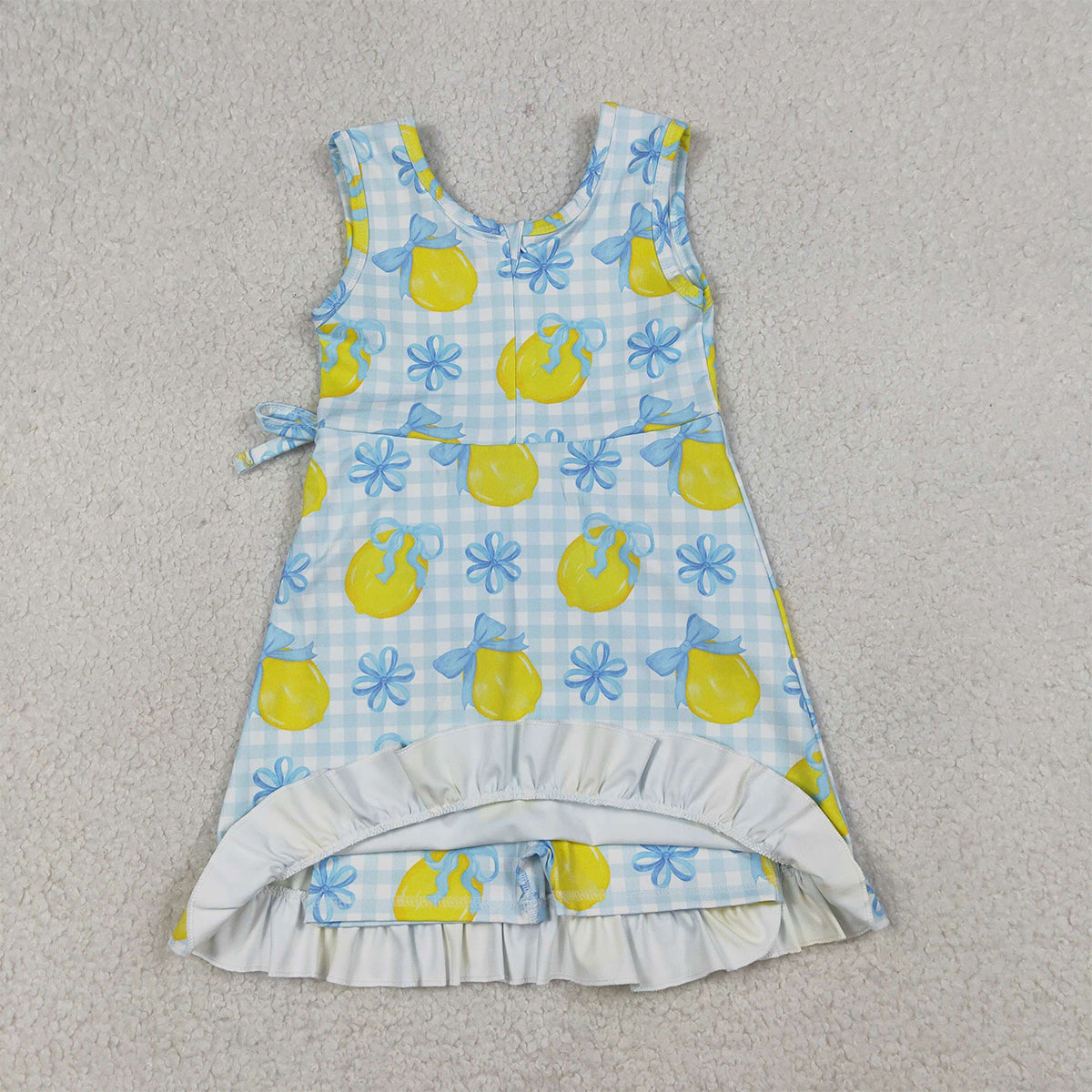 RTS NO MOQ GSD3684 Baby Girls Blue Checked Dress with Bow Lemons Back Zip Ruffle Knee Length Yoga Active Shorts for Kids