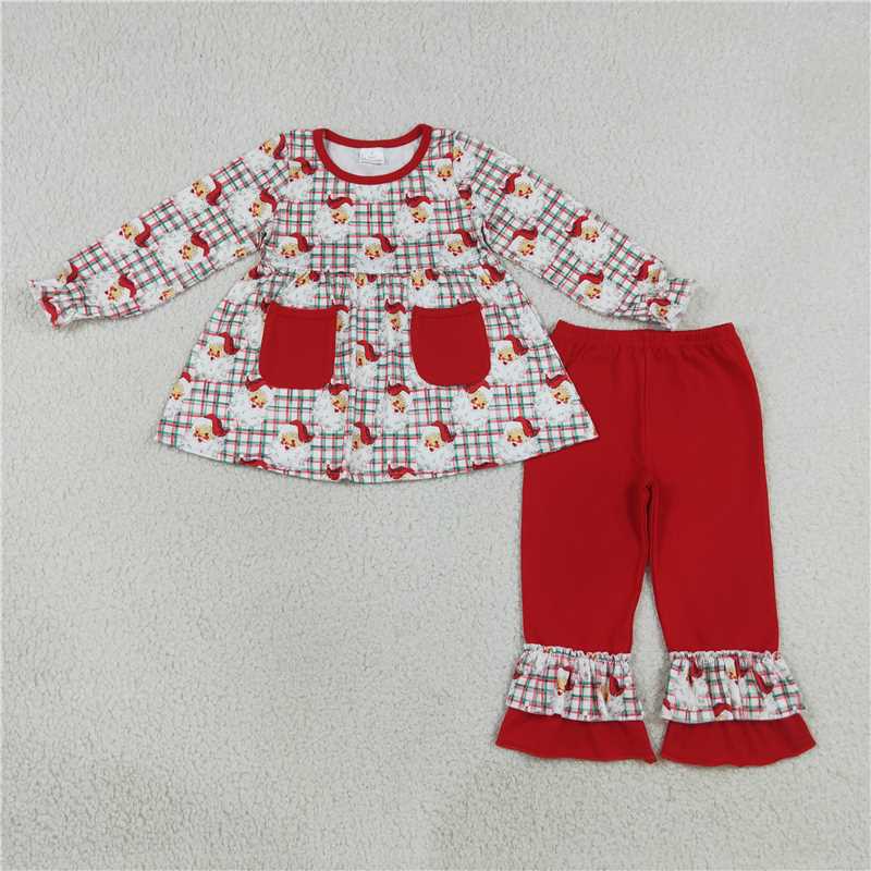 Baby Girls Christmas Santa Ruffle Set Collection - Green Stripe Flare Pants & Red Plaid Pockets