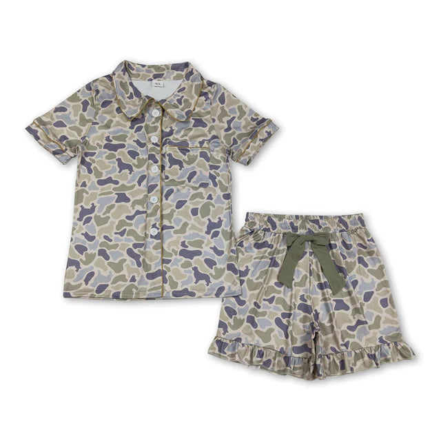 RTS NO MOQ Sibling Adult Women Camo Button Pocket Top Ruffle Shorts Pajamas Set