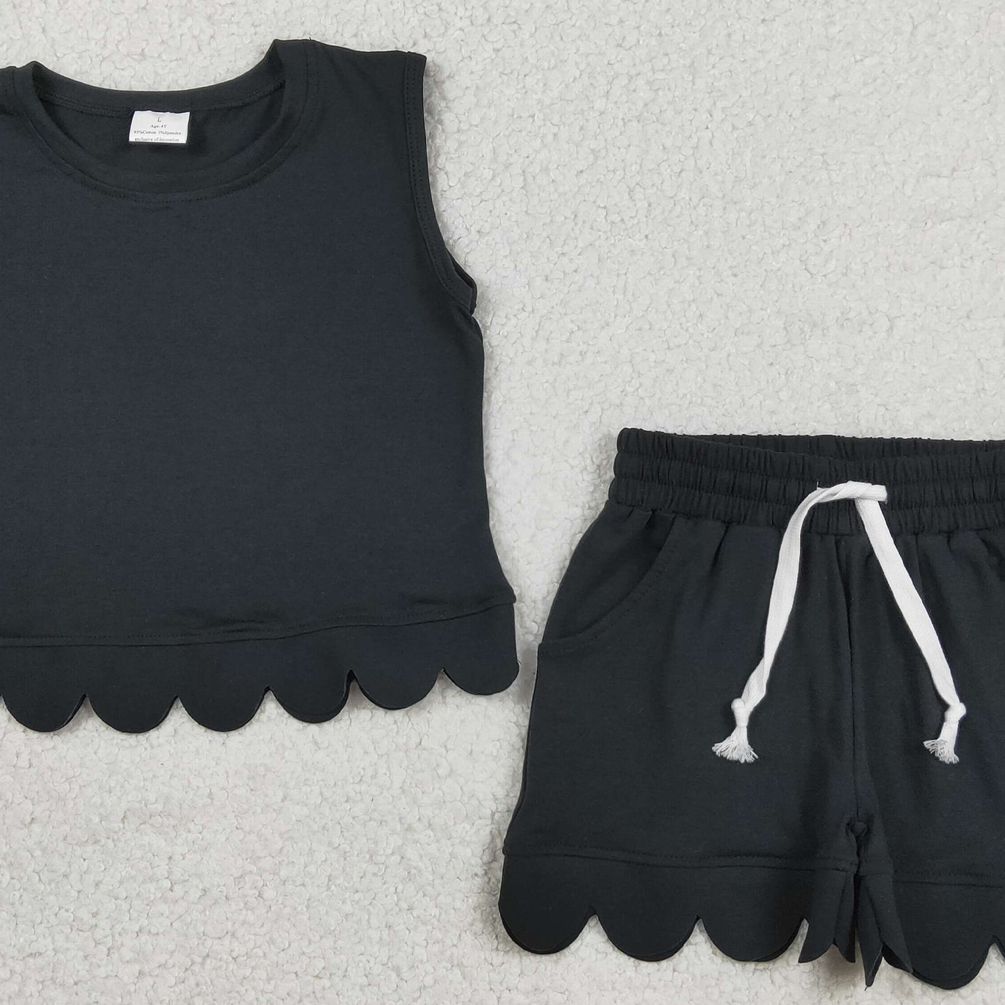 RTS NO MOQ cotton GSSO3733 Baby Girls Black Sleeveless Top Scallop Edge Pocket Short Casual Set