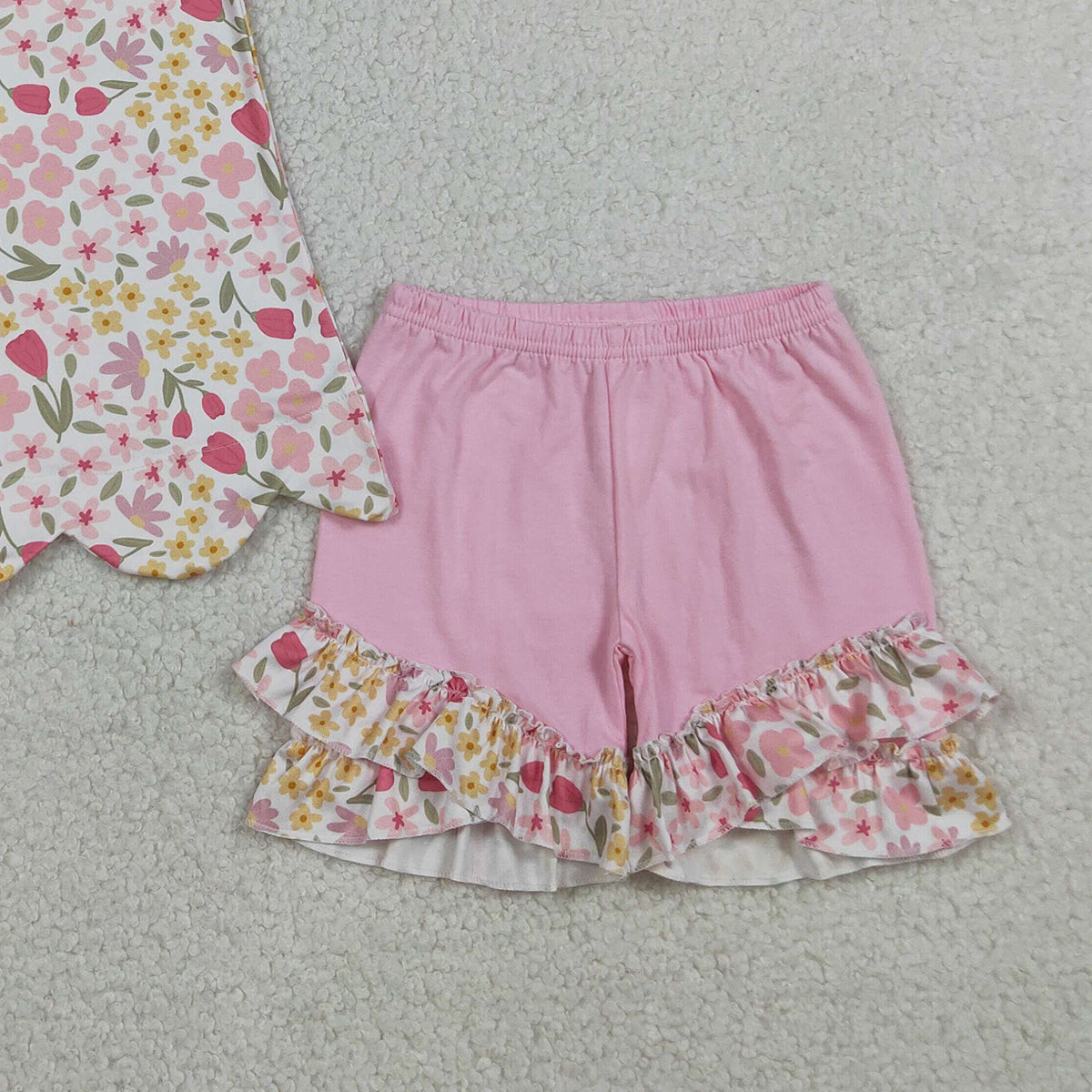 RTS NO MOQ GSSO3389 Baby Girls Colorful Flowers Scallop Tunic Ruffle Shorts Outfit Set Cute Baby Girl Clothing Set