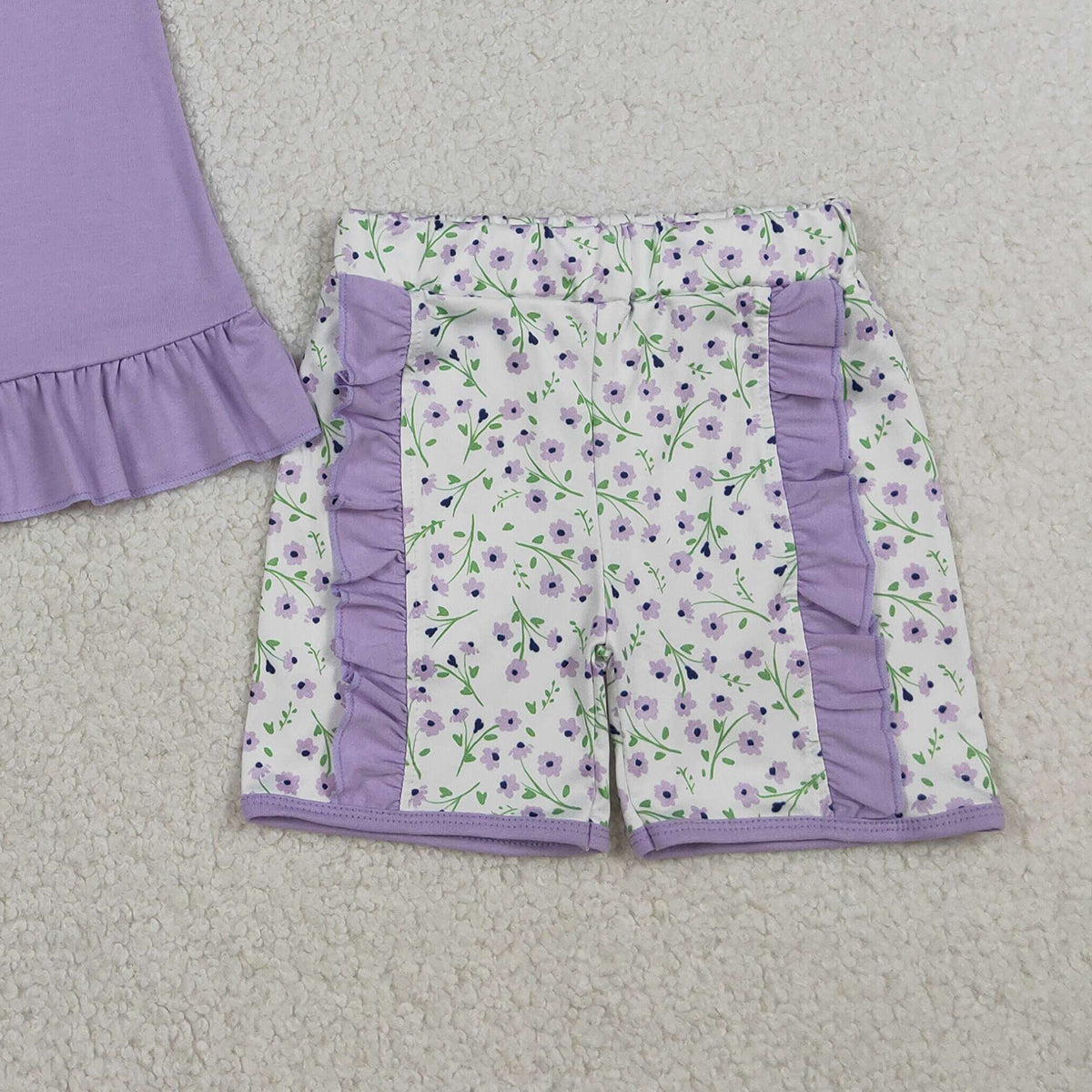 RTS NO MOQ GSSO2774 Embroidery Floral Goose Baby Girls Lavender Tunic And Ruffle Shorts Outfit Set