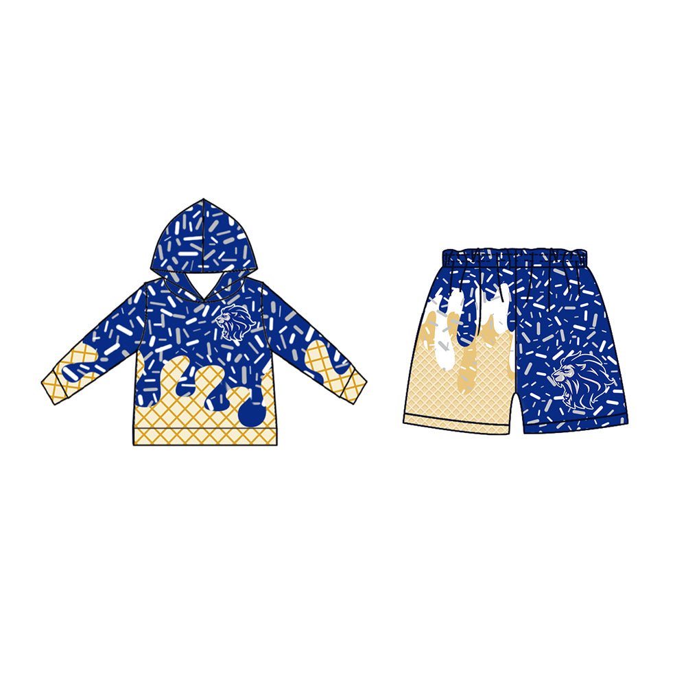 Custom moq 5 mix size milk silk baby girls clothes team bow blue hooded long sleeve tops and shorts-25.7.19
